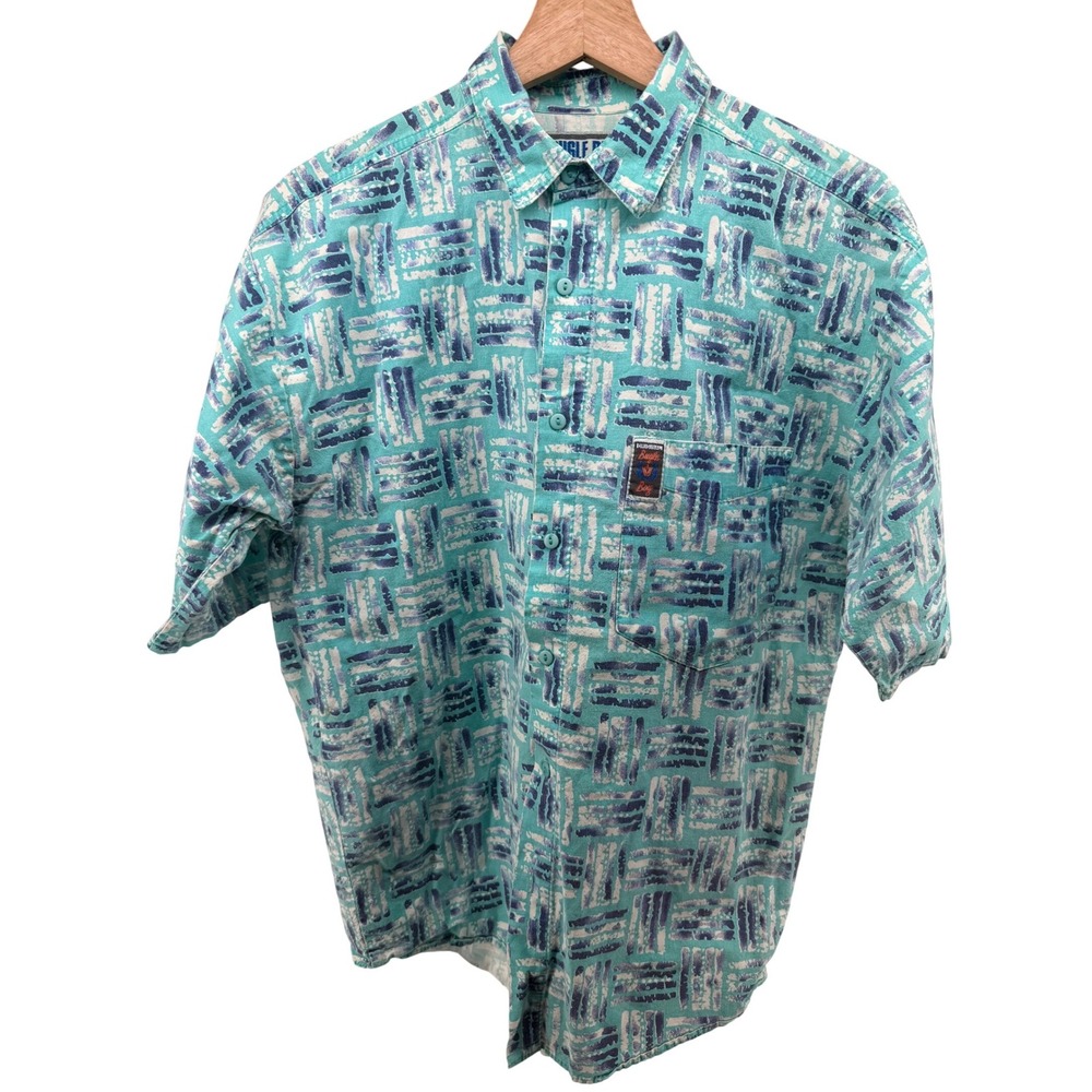 Vintage Bugle Boy Mens Short Sleeve Button Up Shirt Teal Abstract Print Size S